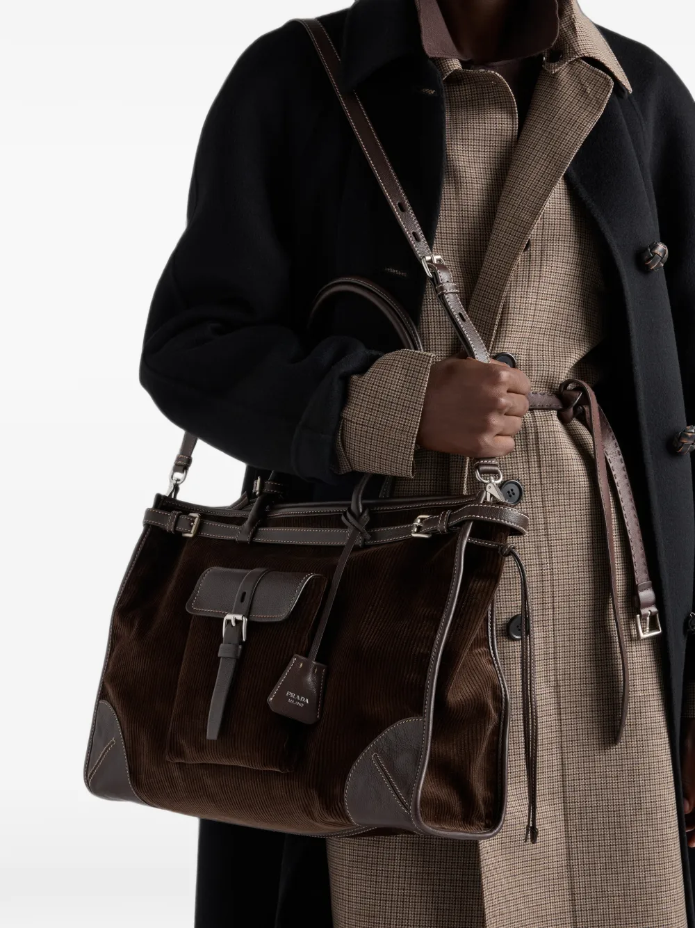 Prada Bonnie extra grote ribfluwelen en leren handtas Bruin