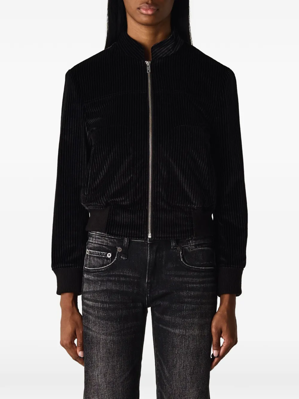 R13 pinstripe-pattern stand-collar jacket