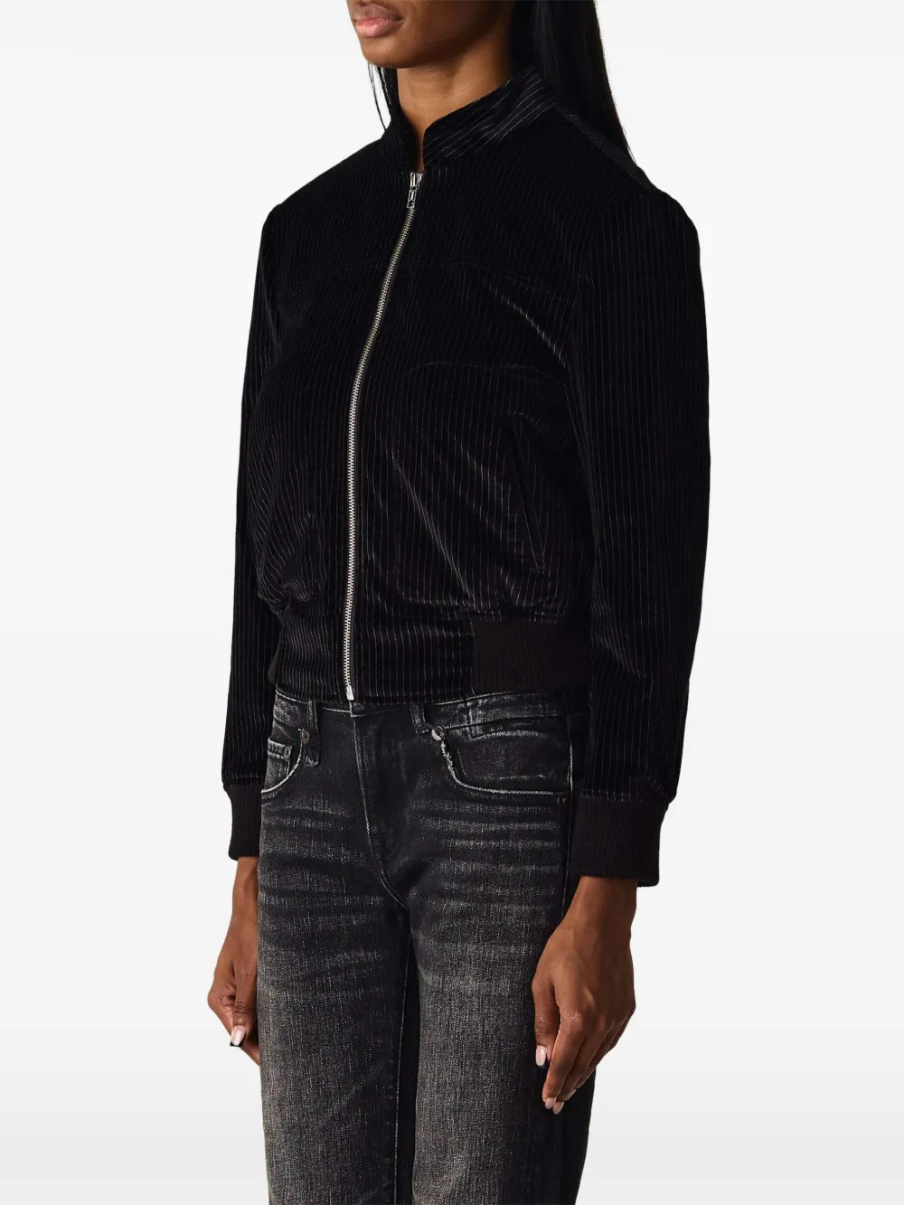 R13 pinstripe-pattern stand-collar jacket Zwart
