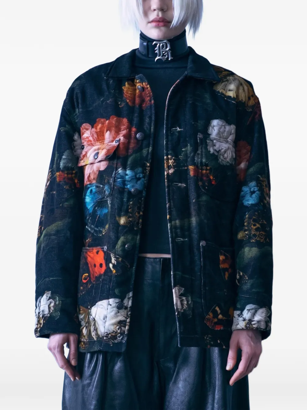R13 Jack met bloemen- en vlinderprint Zwart