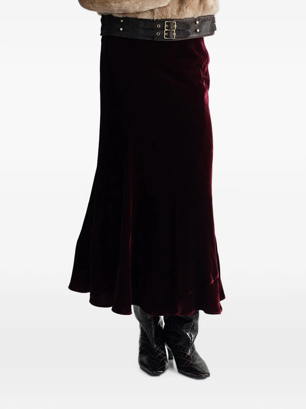 Cara Sanvi velvet midi skirt Rood