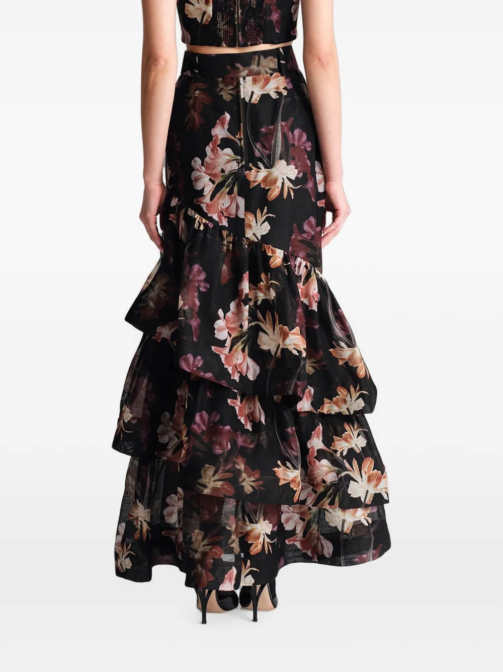 Cara Priya floral-print tiered maxi skirt Zwart