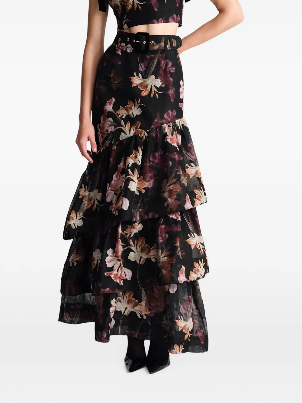 Cara Priya floral-print tiered maxi skirt Zwart