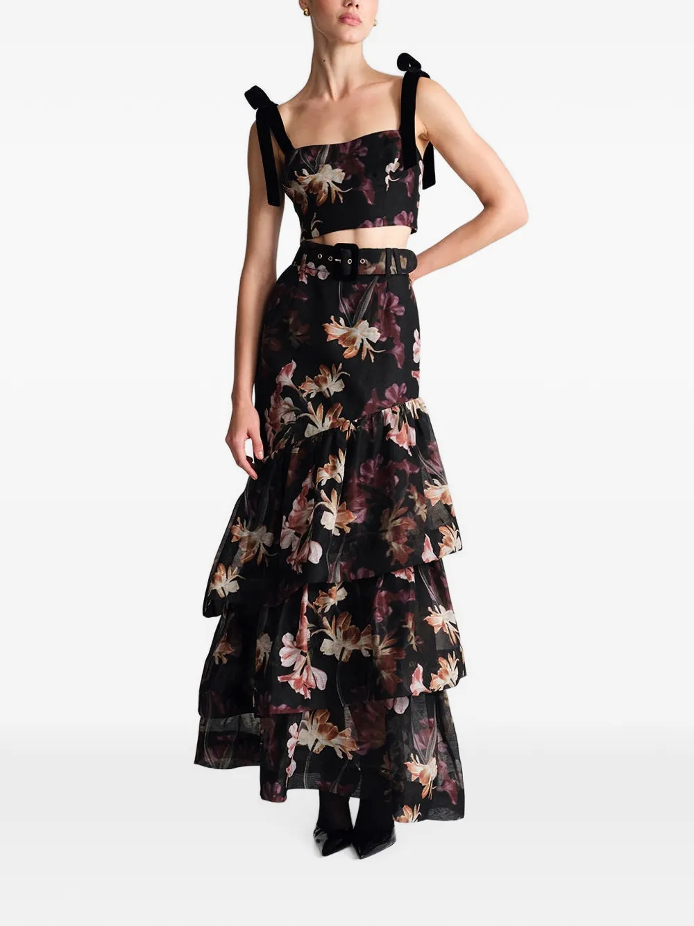 Cara Priya floral-print tiered maxi skirt Zwart