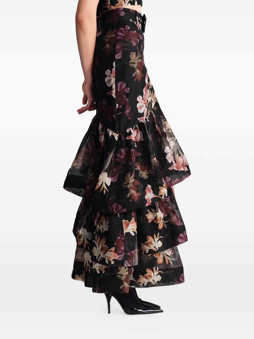 Cara Priya floral-print tiered maxi skirt Zwart