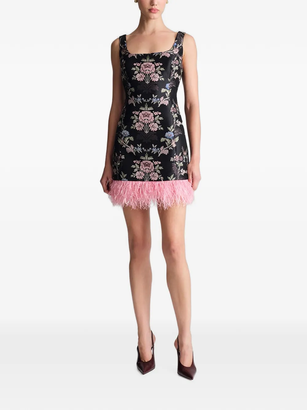 Cara Elena feather-trim mini dress Zwart