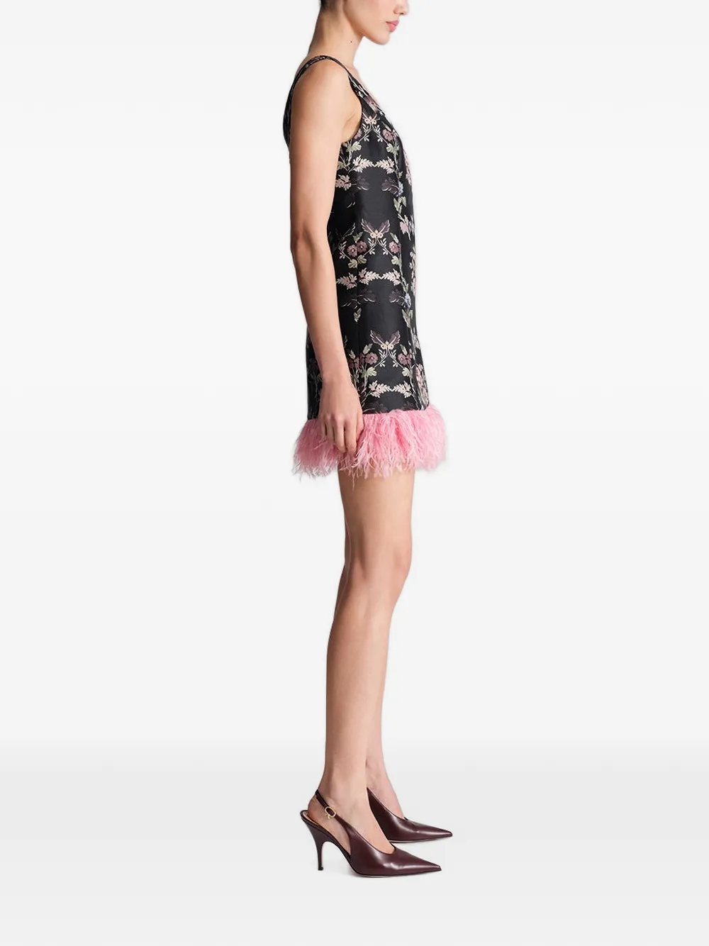 Cara Elena feather-trim mini dress Zwart