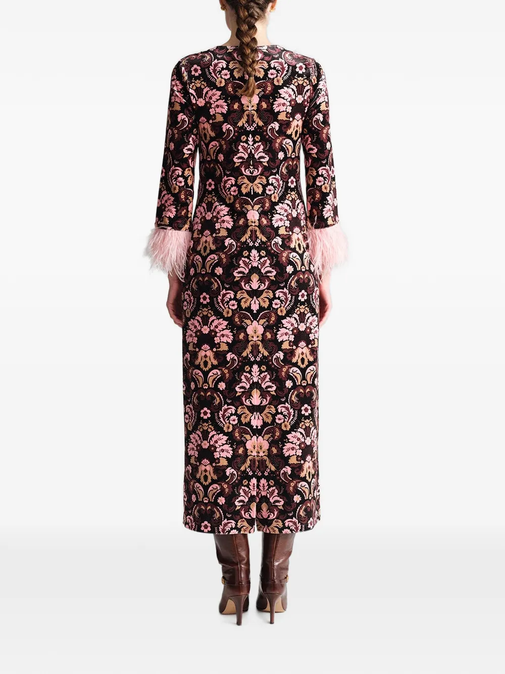 Cara Danya feather-trim damask dress Zwart