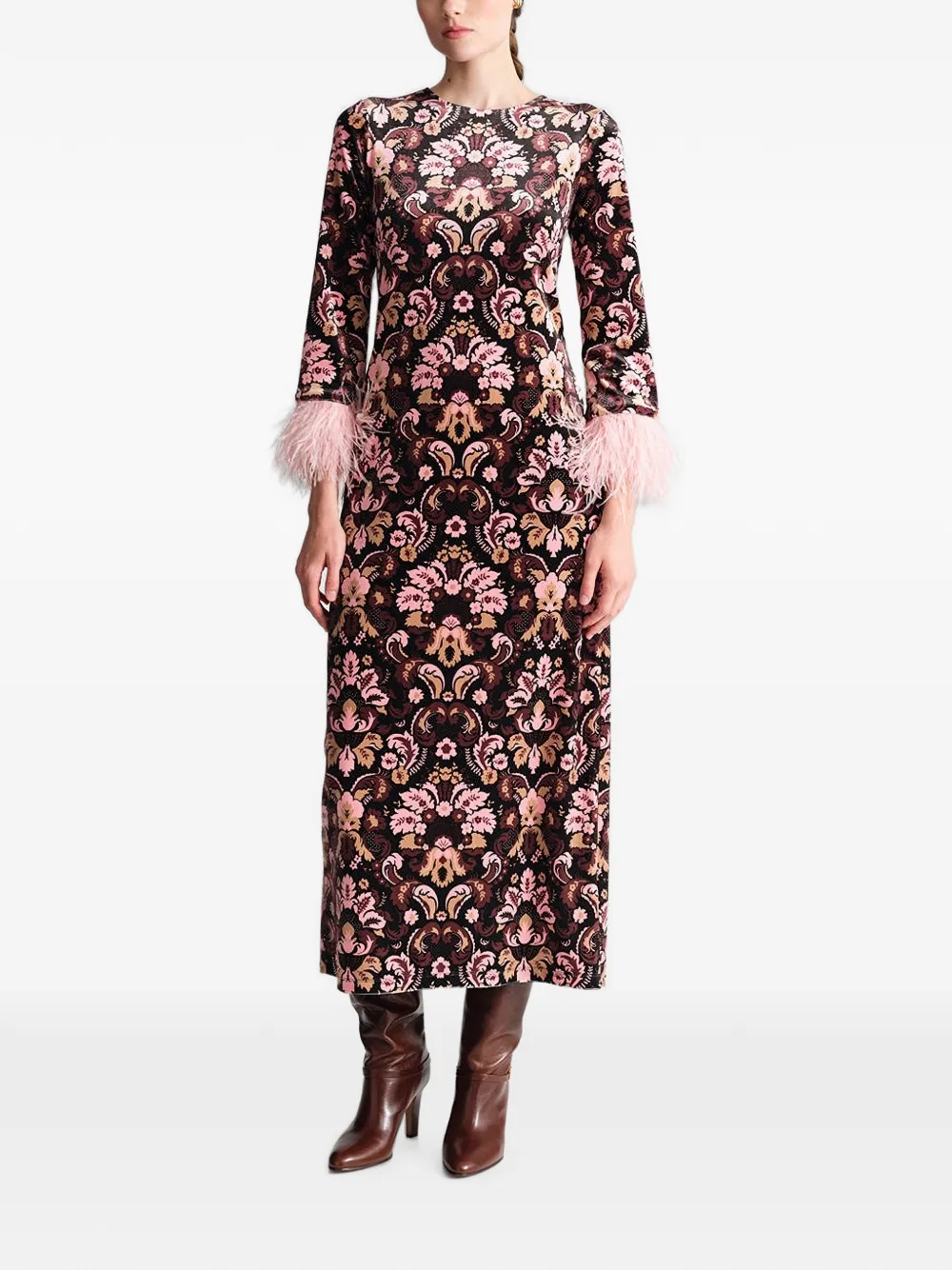 Cara Danya feather-trim damask dress Zwart