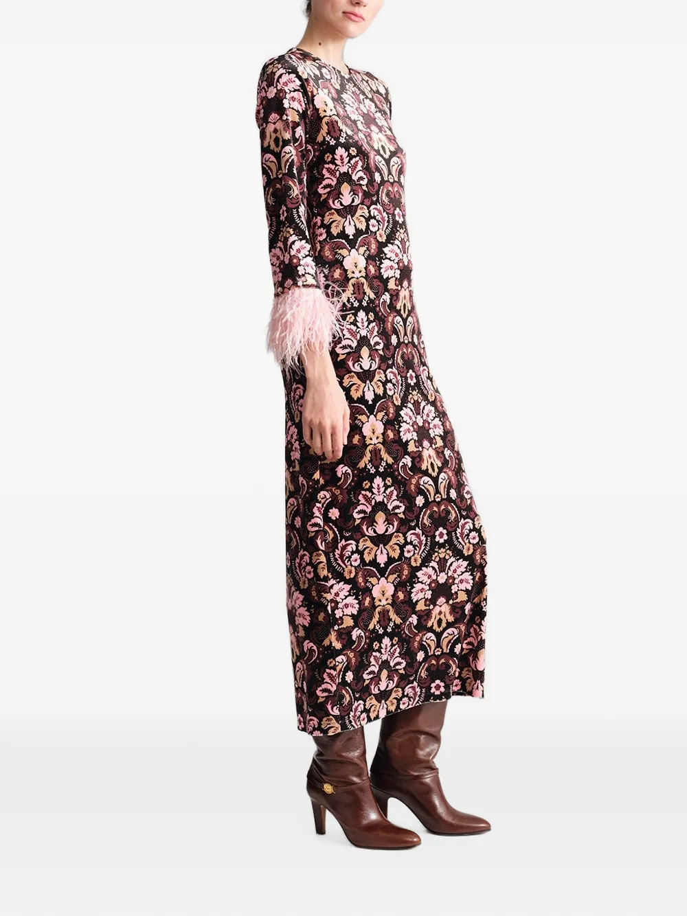 Cara Danya feather-trim damask dress Zwart