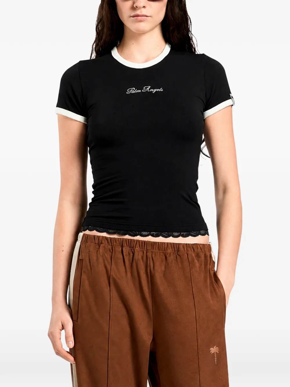 Palm Angels lace-trim logo-print T-shirt Zwart