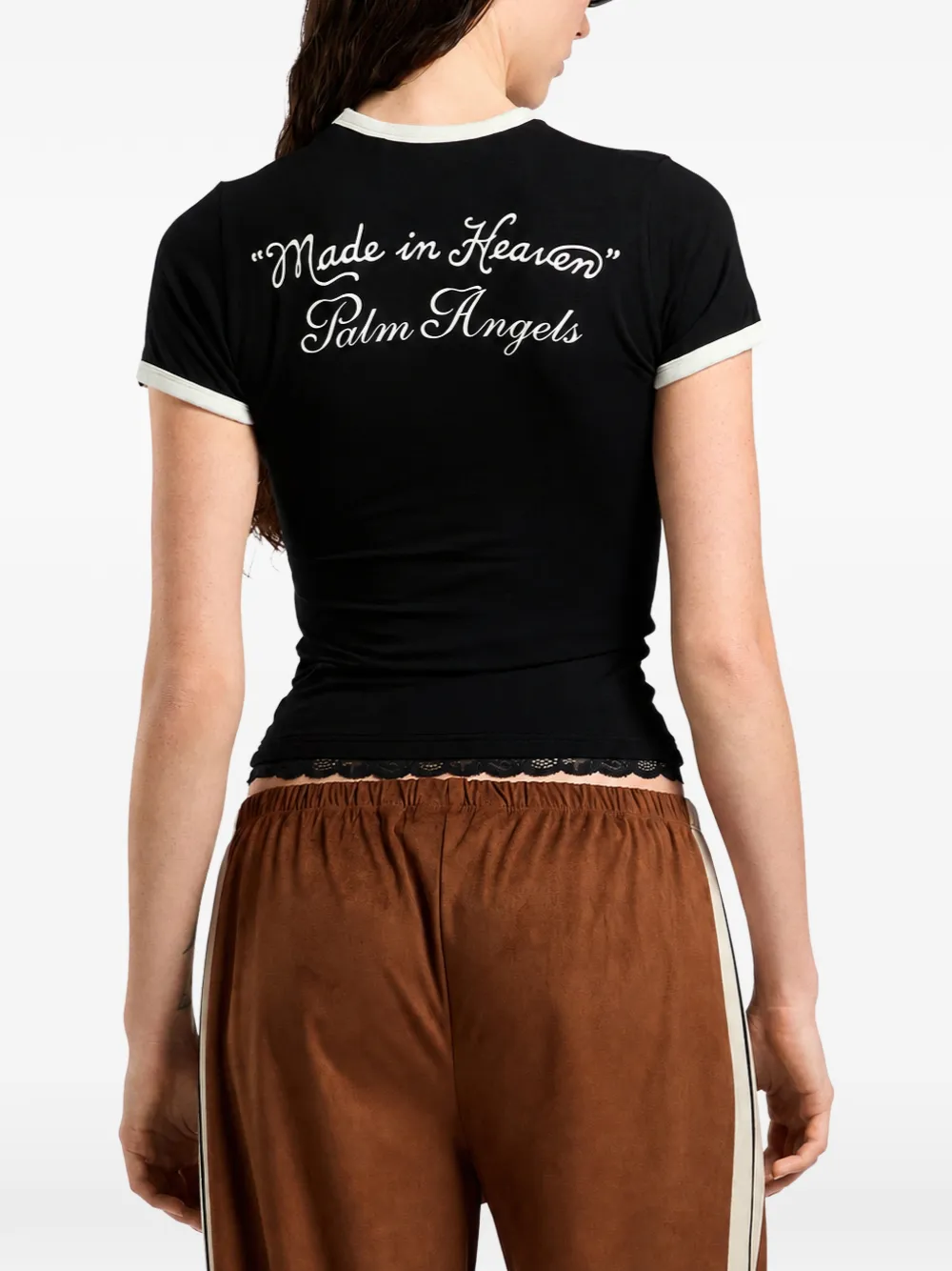 Palm Angels lace-trim logo-print T-shirt Zwart