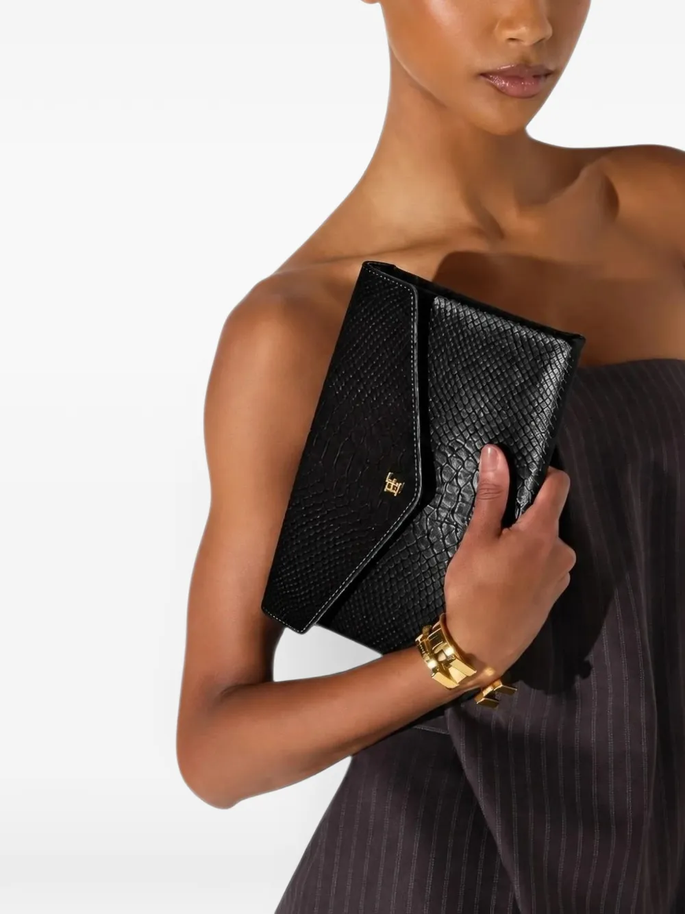 Elisabetta Franchi velvet clutch bag with crocodile print Zwart