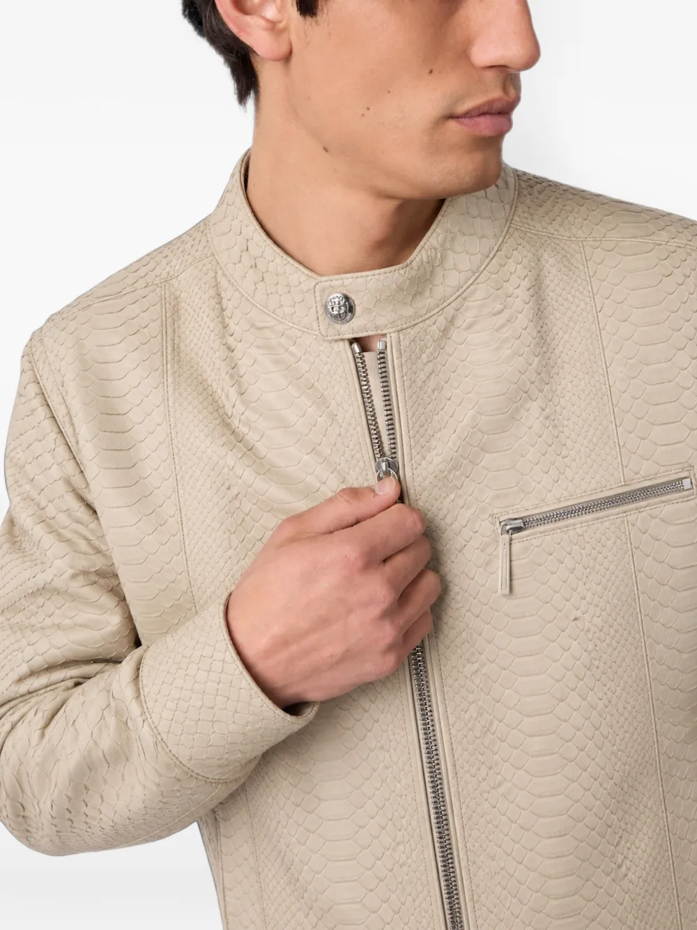 Billionaire Leren jack met python-effect Beige