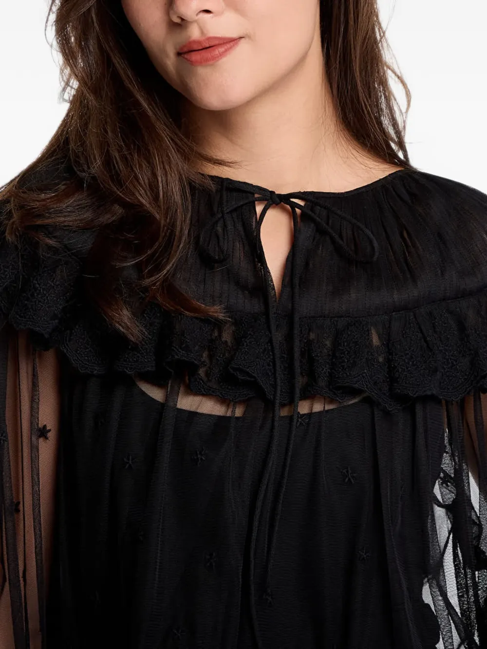 AllSaints Trixie blouse met ruches en kanten afwerking Zwart