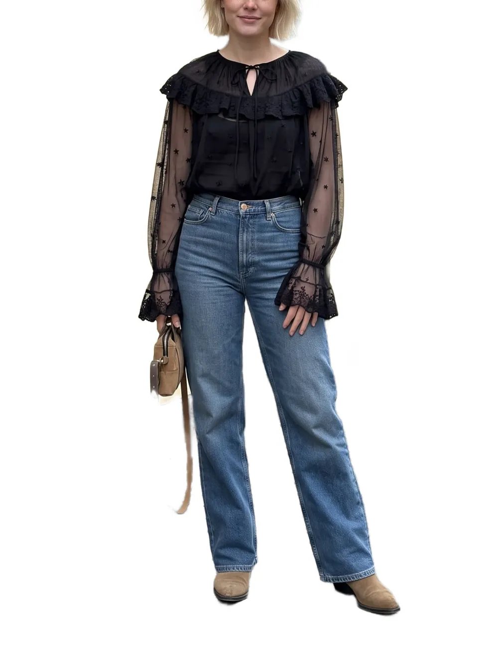 AllSaints Trixie blouse met ruches en kanten afwerking Zwart