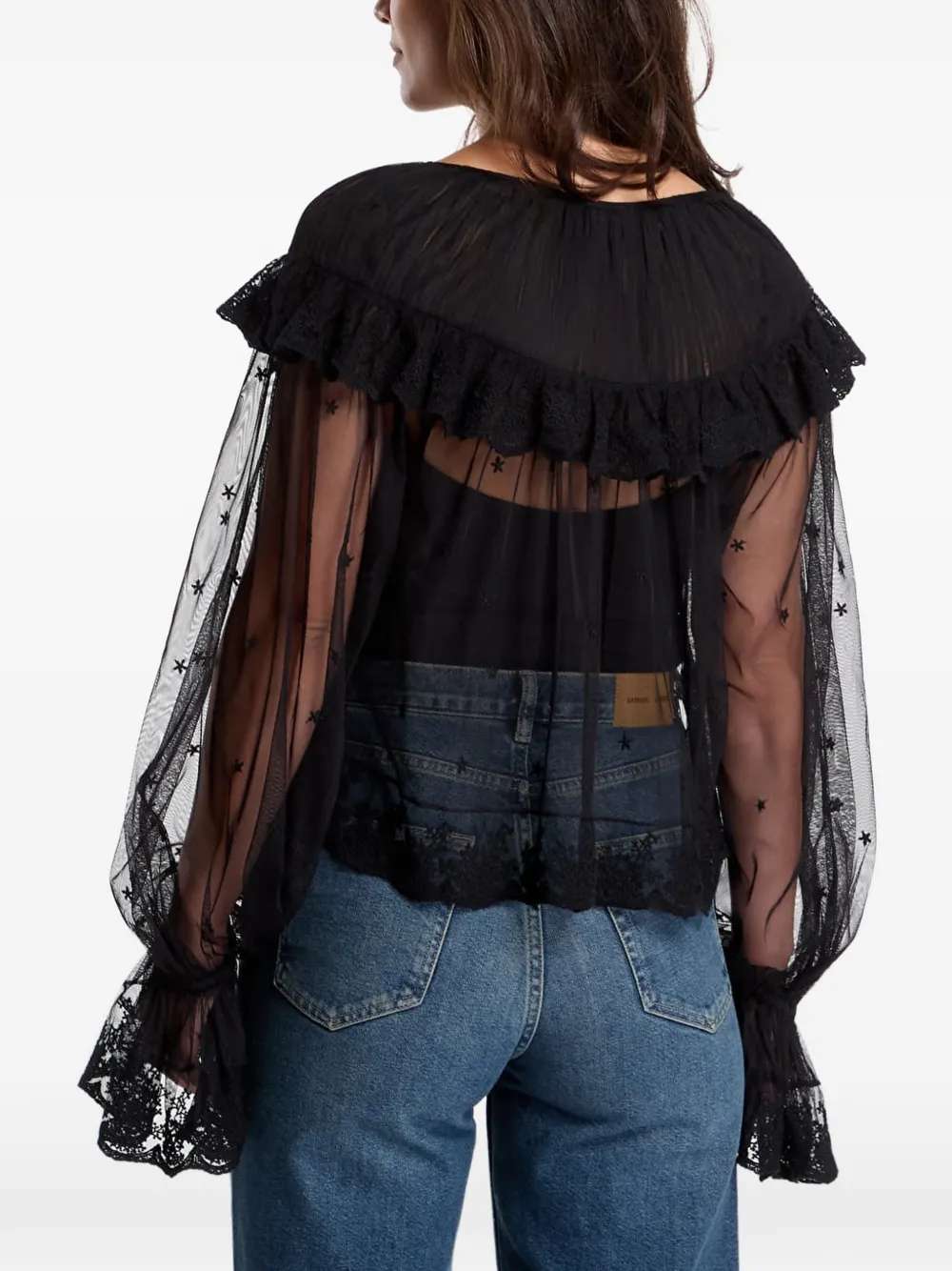 AllSaints Trixie blouse met ruches en kanten afwerking Zwart