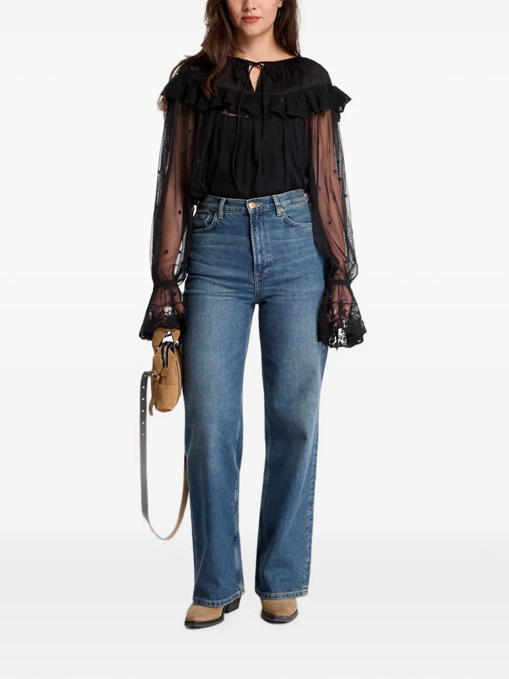 AllSaints Trixie blouse met ruches en kanten afwerking Zwart