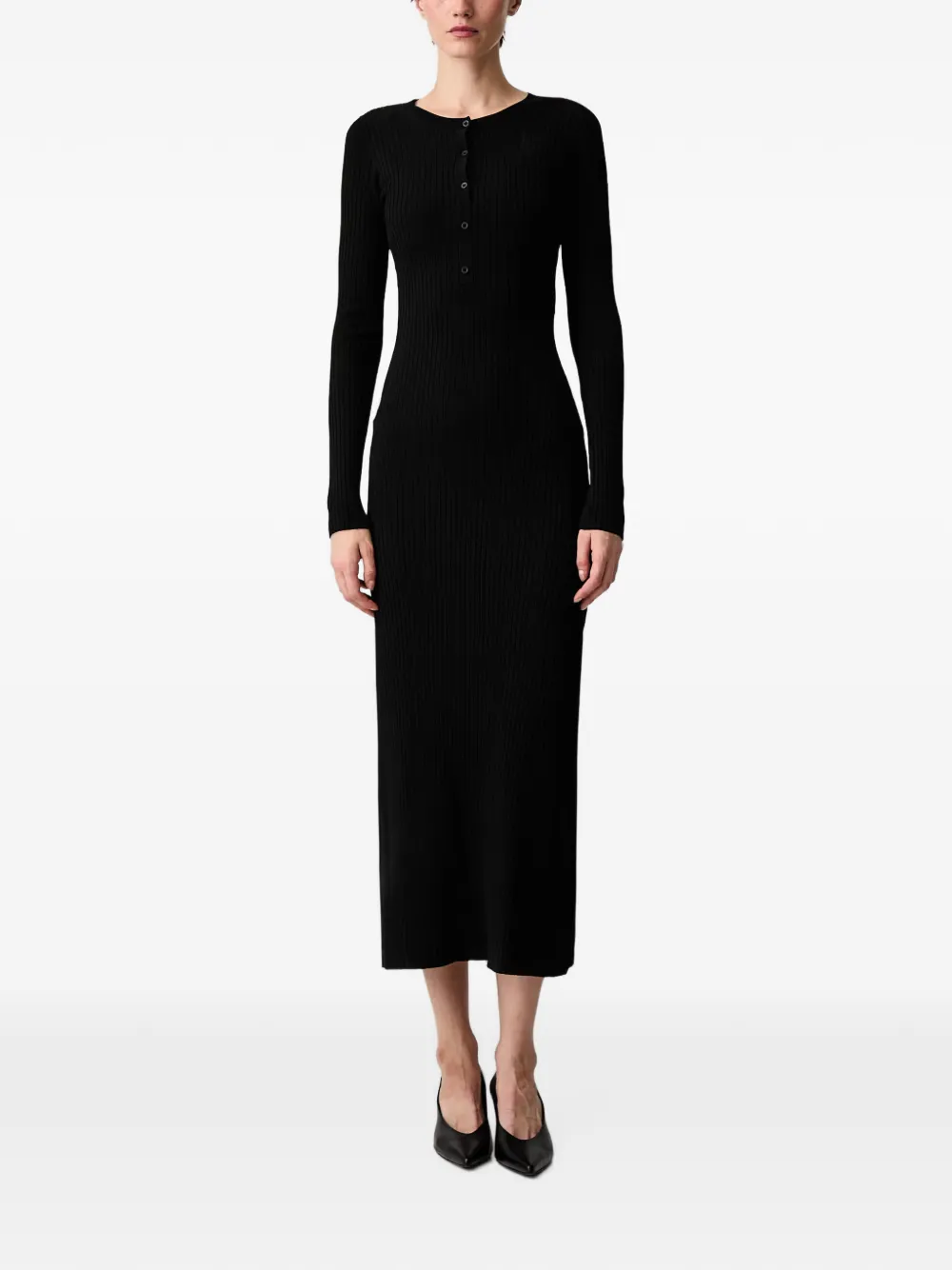 Wrstbhvr Nora Ribbed-knit Henley-neck Midi Dress In Black