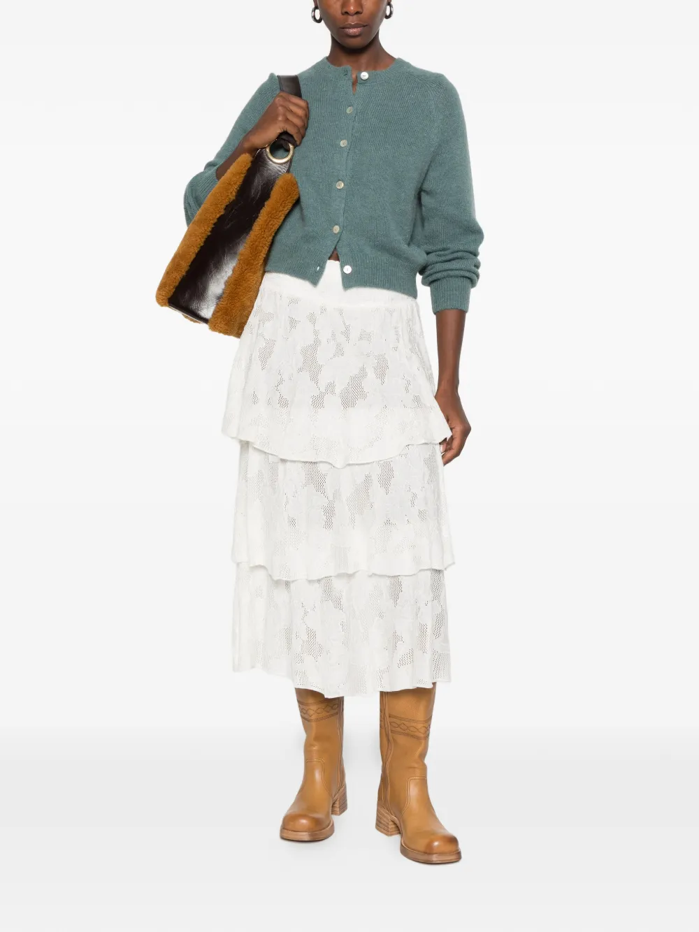 Cecilia Prado Glória Tiered Pointelle-knit Midi Skirt In White