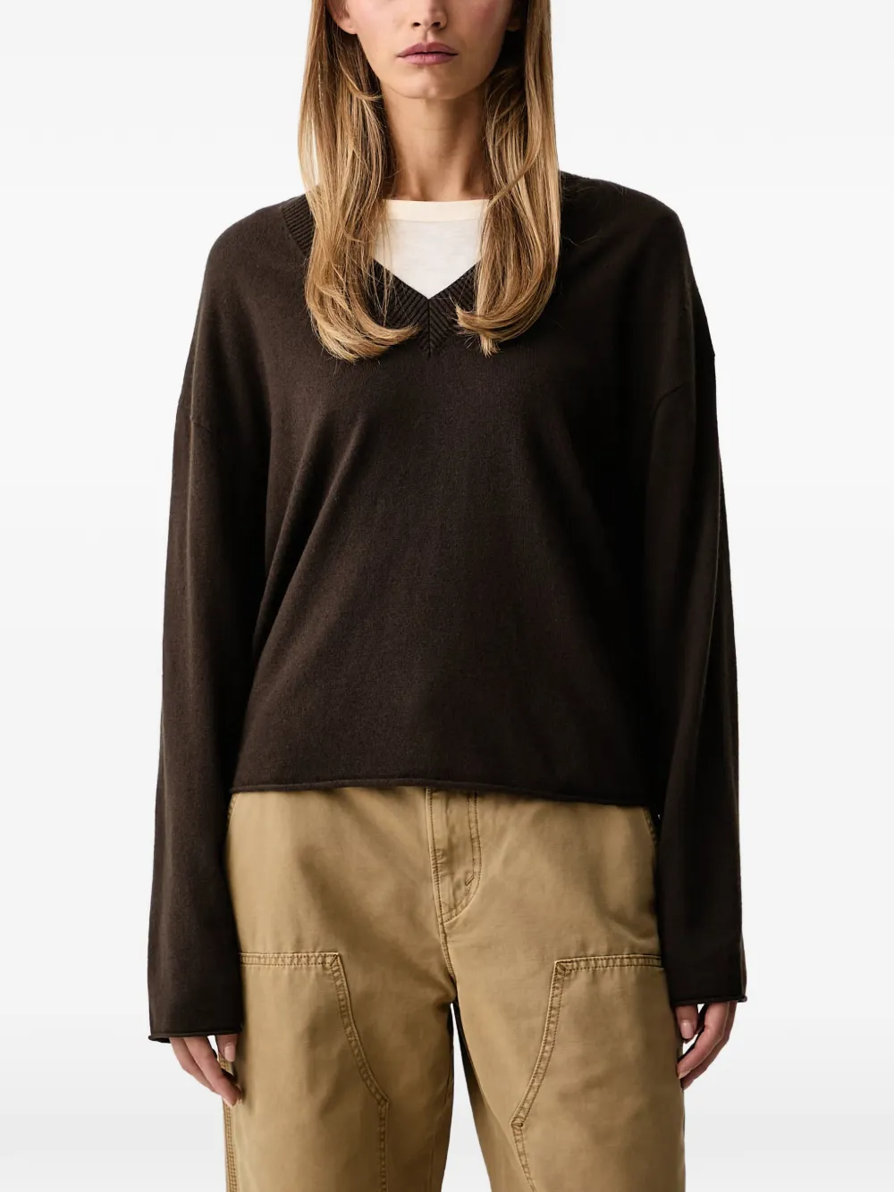 Marc O'Polo V-neck rolled-edge sweater - Marrone