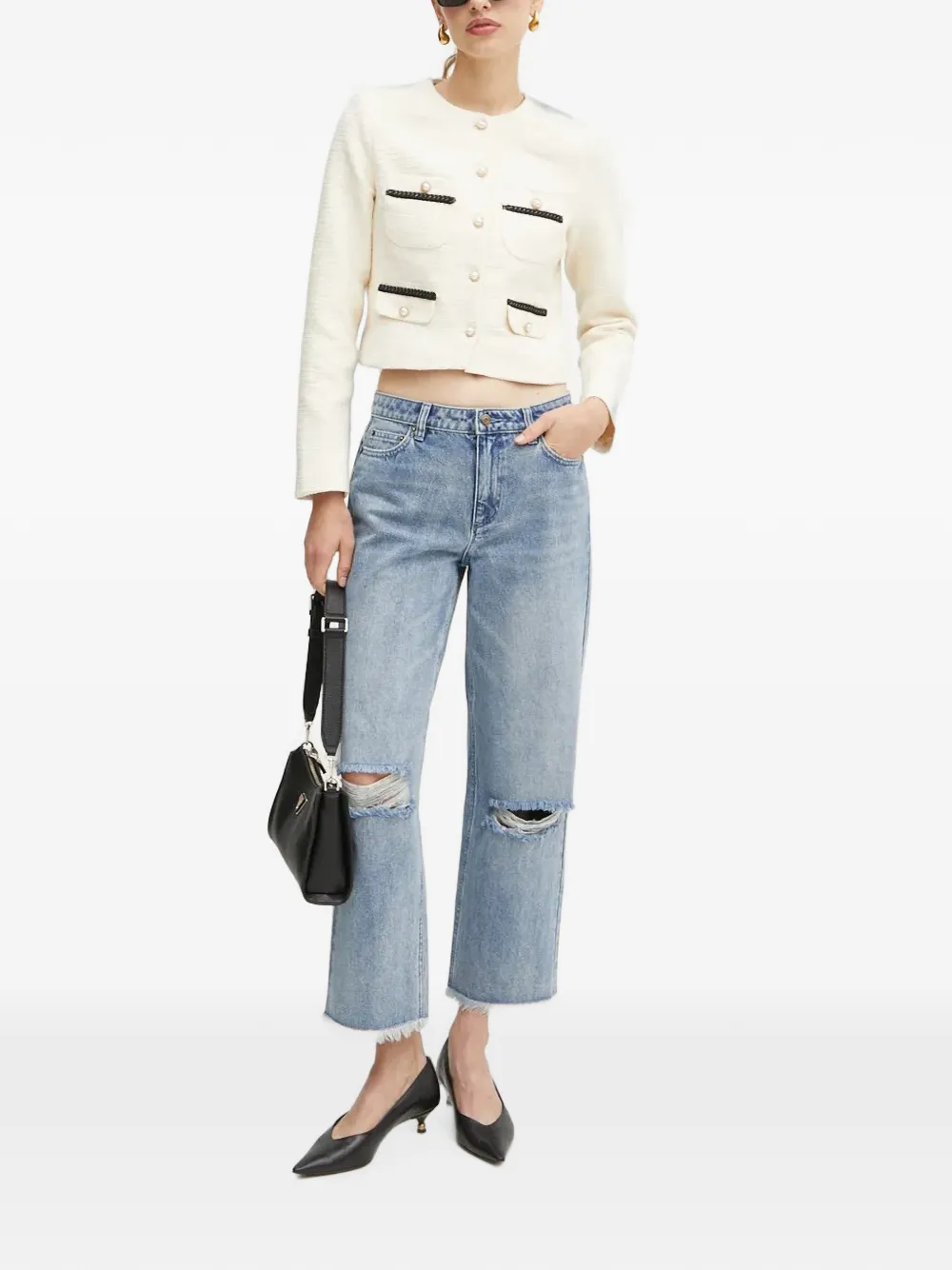 Morgan Vaker cropped bouclé-gebreid tweed jack Beige
