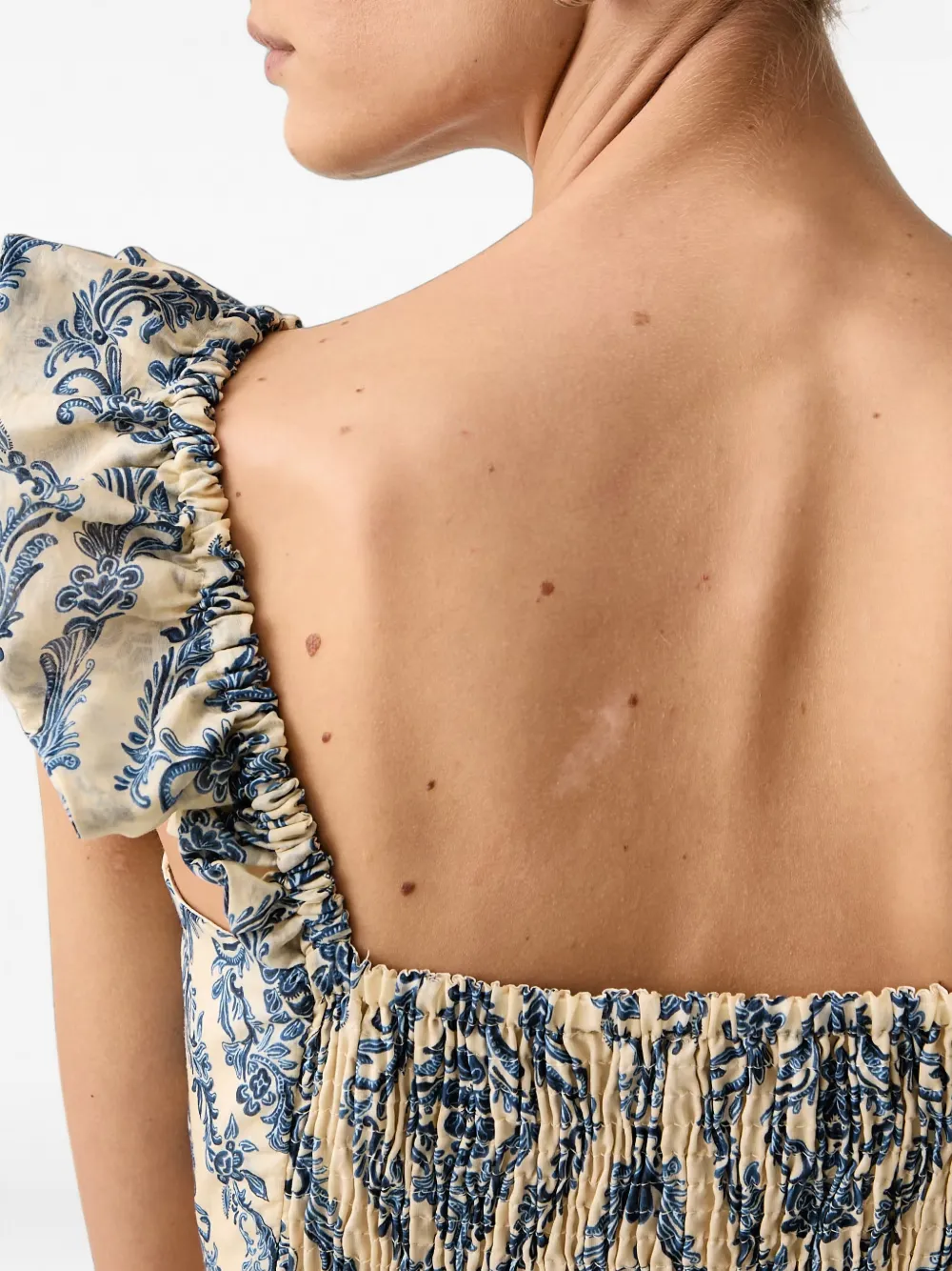 Morgan Midi-jurk met ruches en damast-print Beige