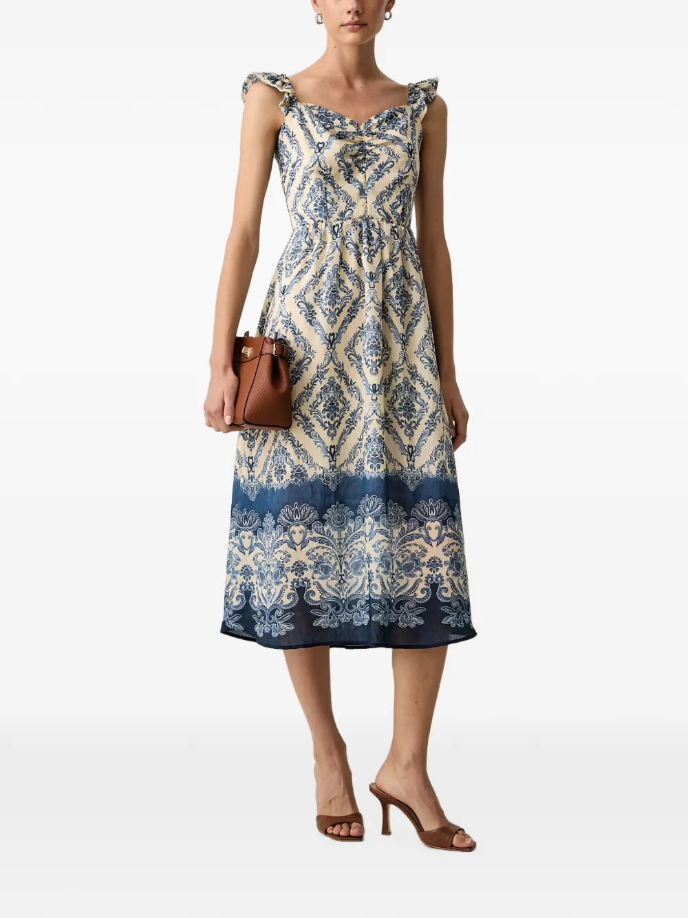 Morgan Midi-jurk met ruches en damast-print Beige