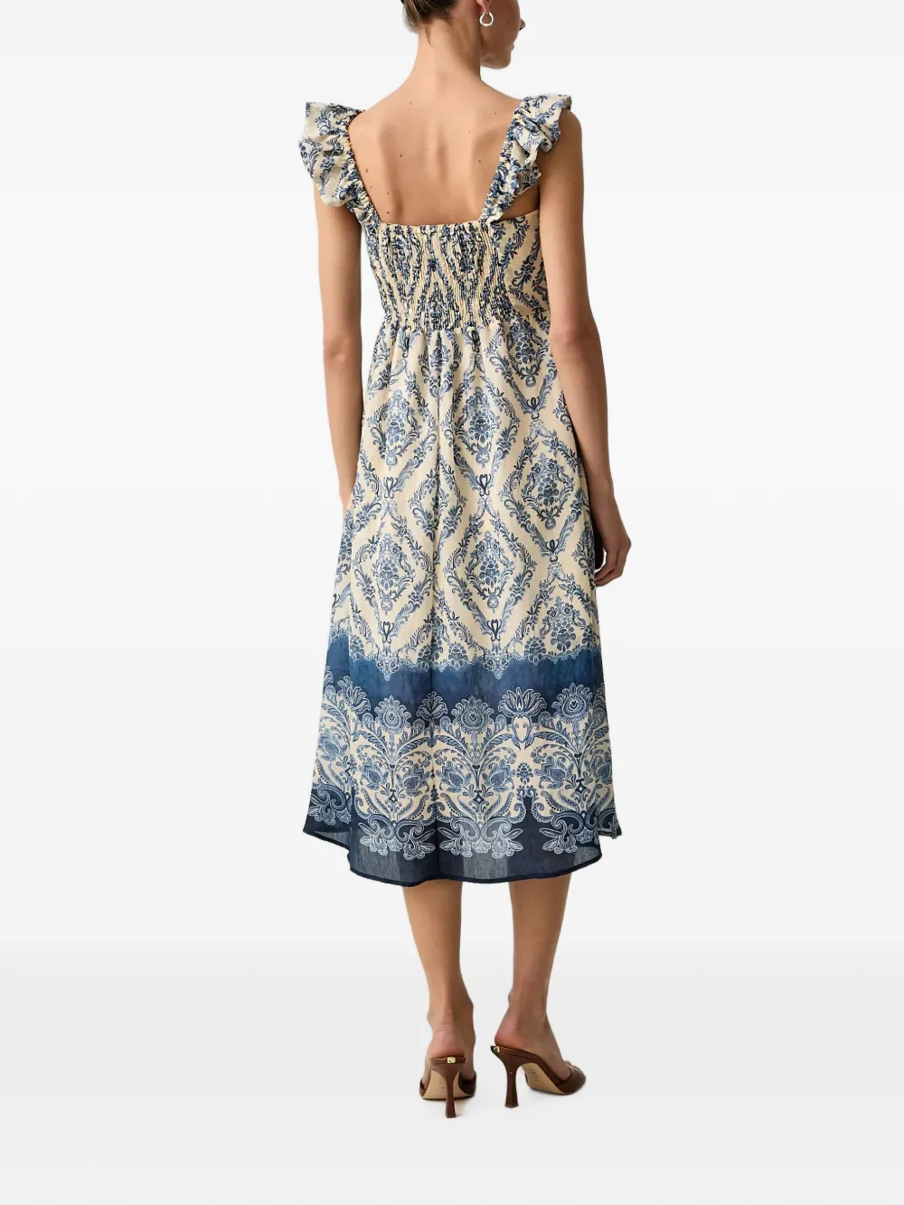 Morgan Midi-jurk met ruches en damast-print Beige