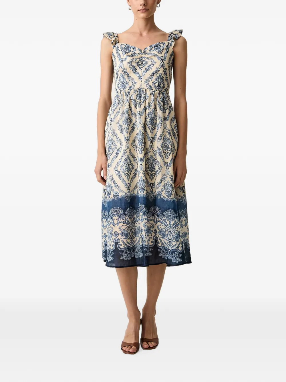 Morgan ruffled damask-print midi dress