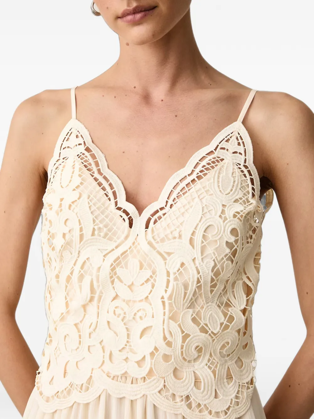 Morgan Maxi-jurk met vlakken van guipurekant Beige
