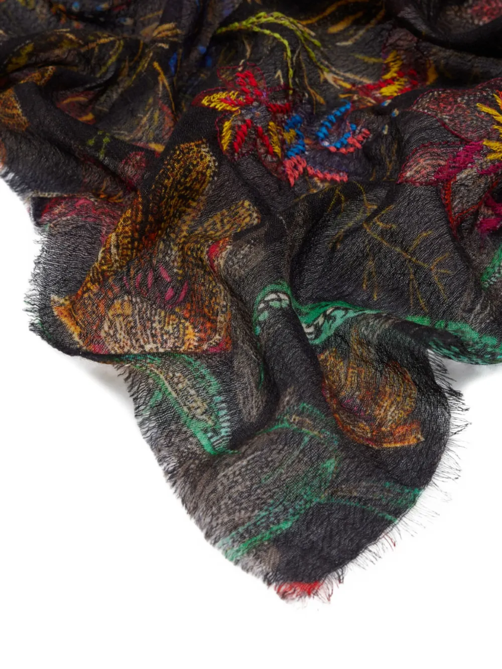 Faliero Sarti floral-embroidered fringed scarf Zwart