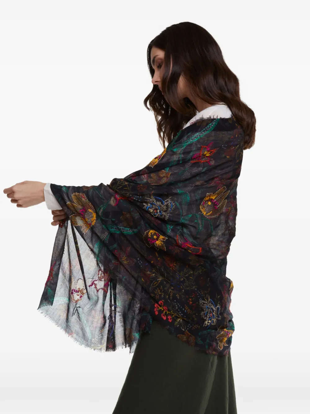 Faliero Sarti floral-embroidered fringed scarf Zwart