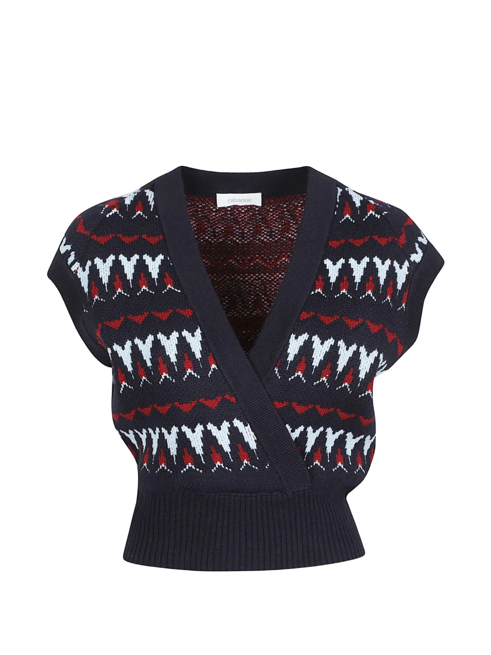 Rabanne navy vintage jacquard wool wrap knit top