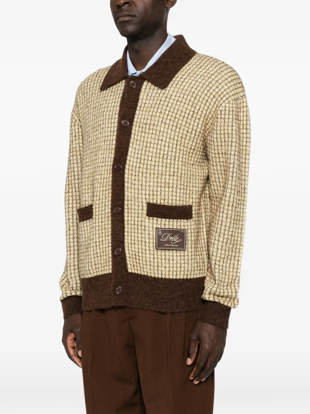 Drôle De Monsieur waffle-knit logo-patch cardigan Geel