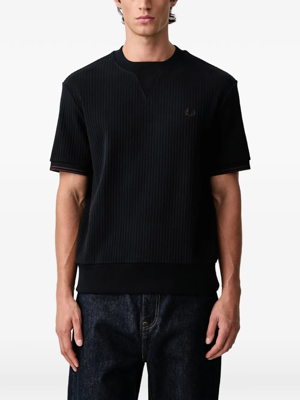 Fred Perry ribbed-knit embroidered T-shirt Blauw