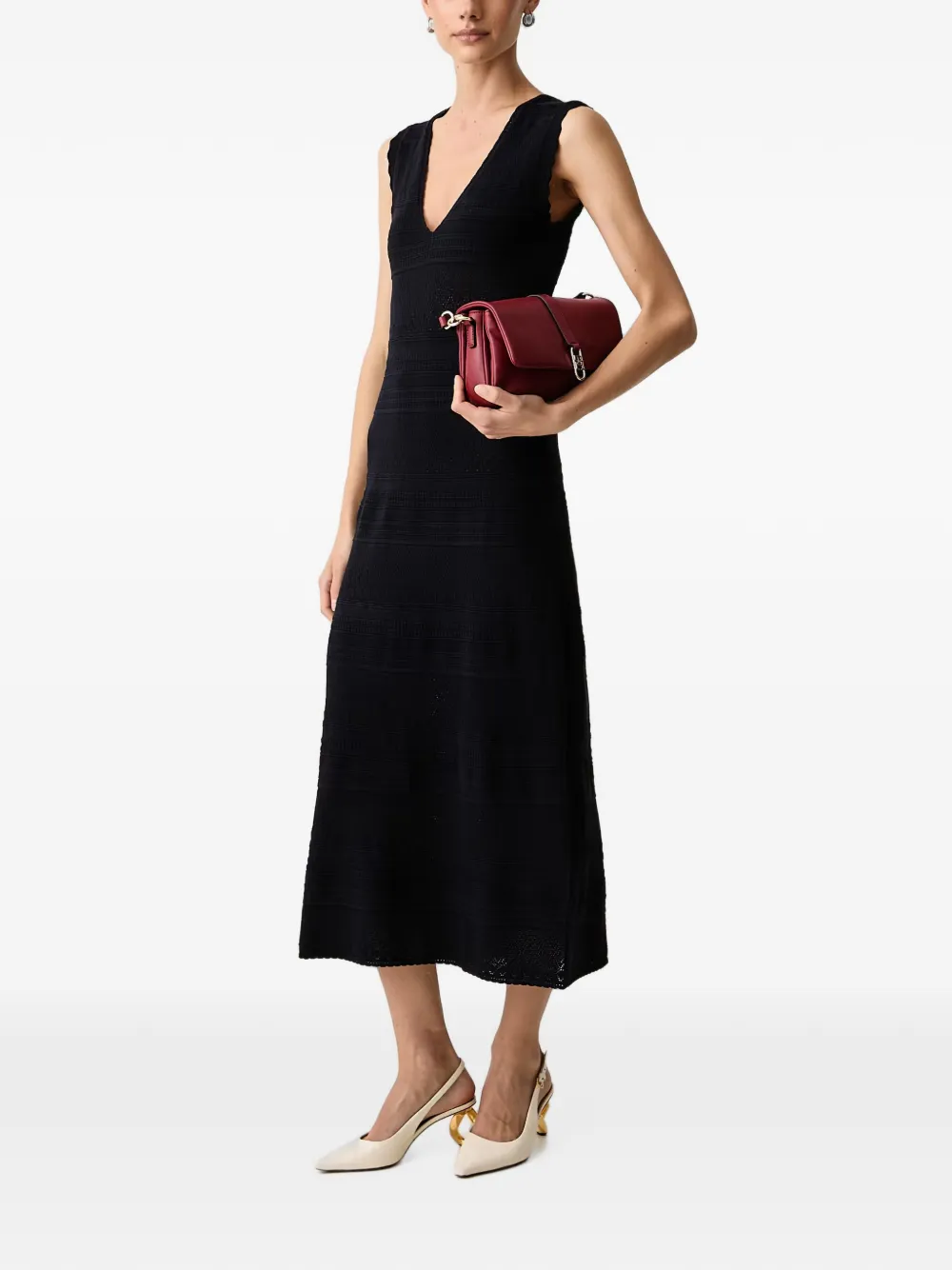 Morgan Pointelle-gebreide midi-jurk met gewelfde afwerking Blauw