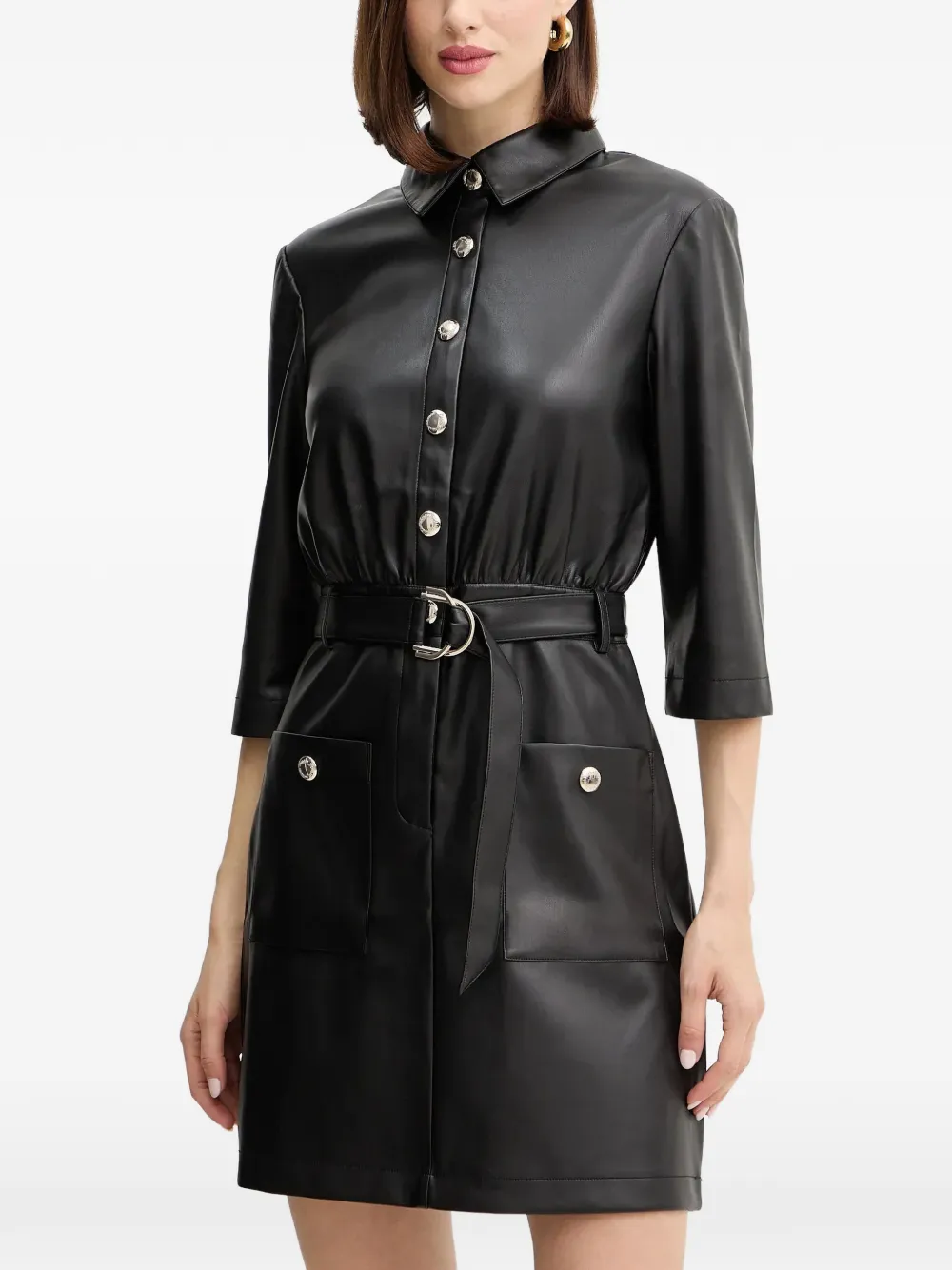 Morgan Belted Button-up Mini Dress In Black