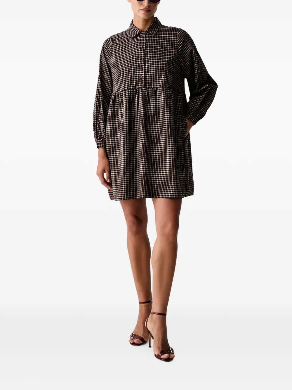 Marc O'Polo Gesmockte mini-jurk met ruit-print Bruin