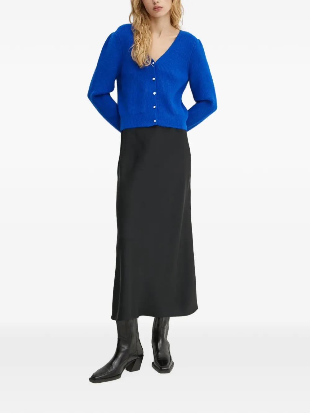 Morgan Mzita ribgebreid vest met parelknoop Blauw