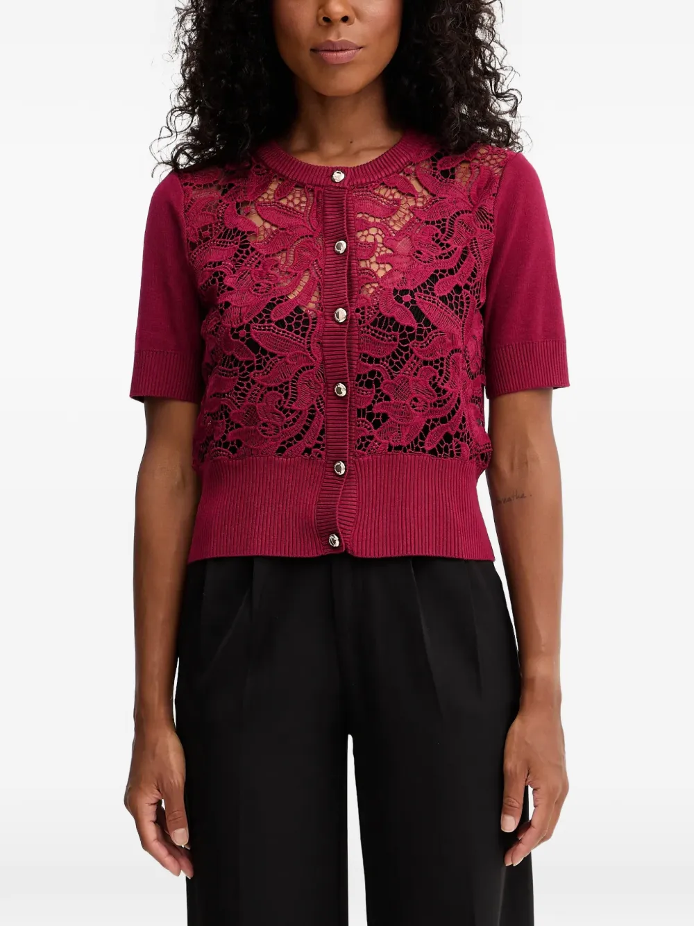 Morgan lace-panelled short-sleeve cardigan