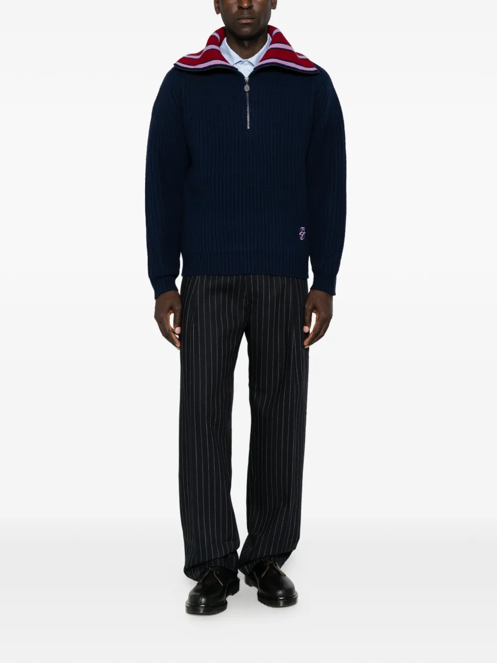 Drôle De Monsieur Trui met gestreepte kraag en kwartrits Blauw