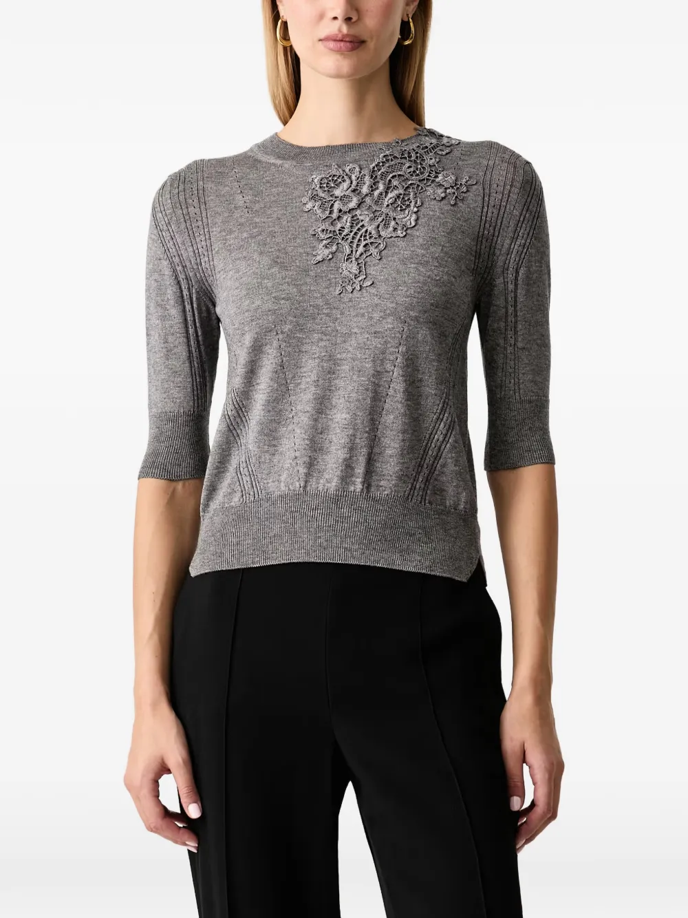 Ermanno Scervino Lace-appliqué Pointelle-knit Sweater In Gray