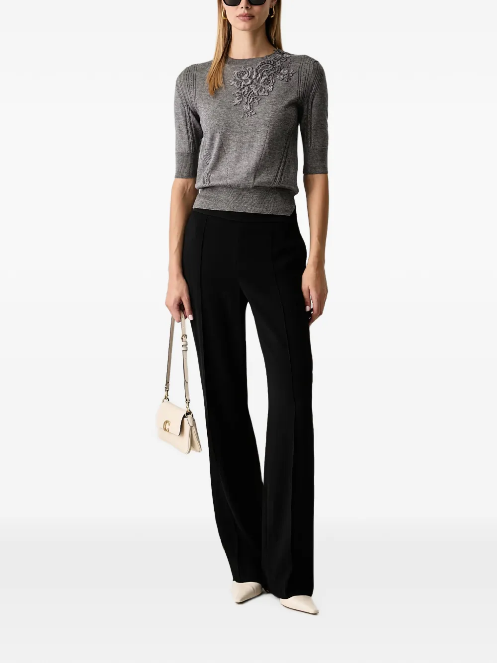 Ermanno Scervino lace-appliqué pointelle-knit sweater Grijs
