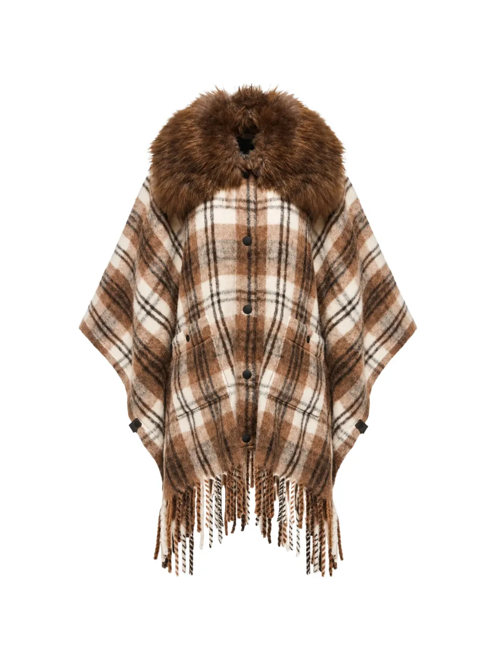 Moncler Grenoble Check-pattern Fringed Cape In Brown
