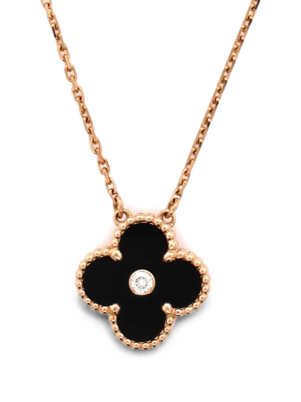 Pre-owned Van Cleef & Arpels Vintage Alhambra Pendant 18k Rose Gold And Onyx With Diamond Necklace In Pink