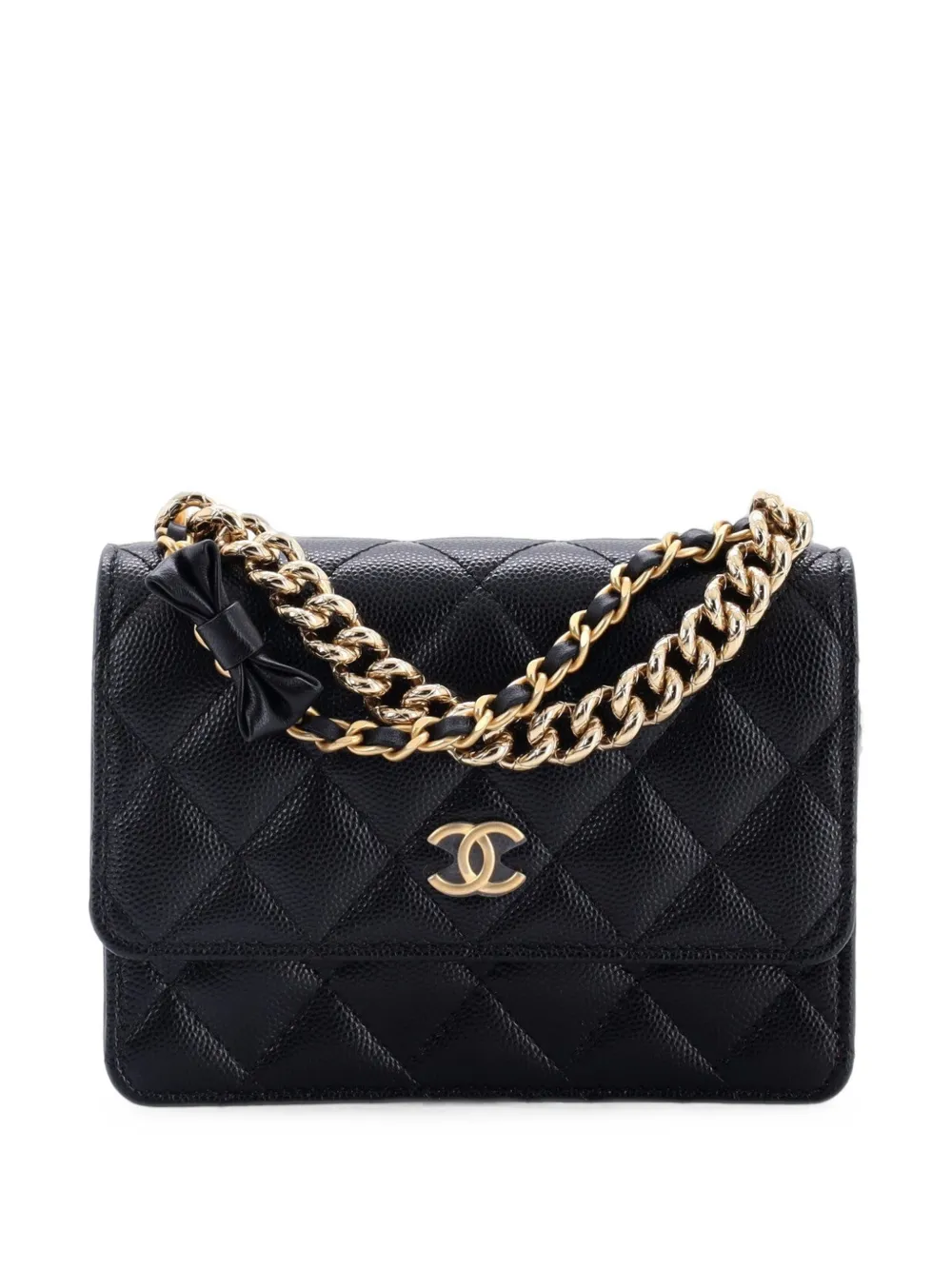 CHANEL Pre-Owned CC Bow Double Chain Handle Wallet on Chain Quilted Caviar Mini crossbody bag - Nero