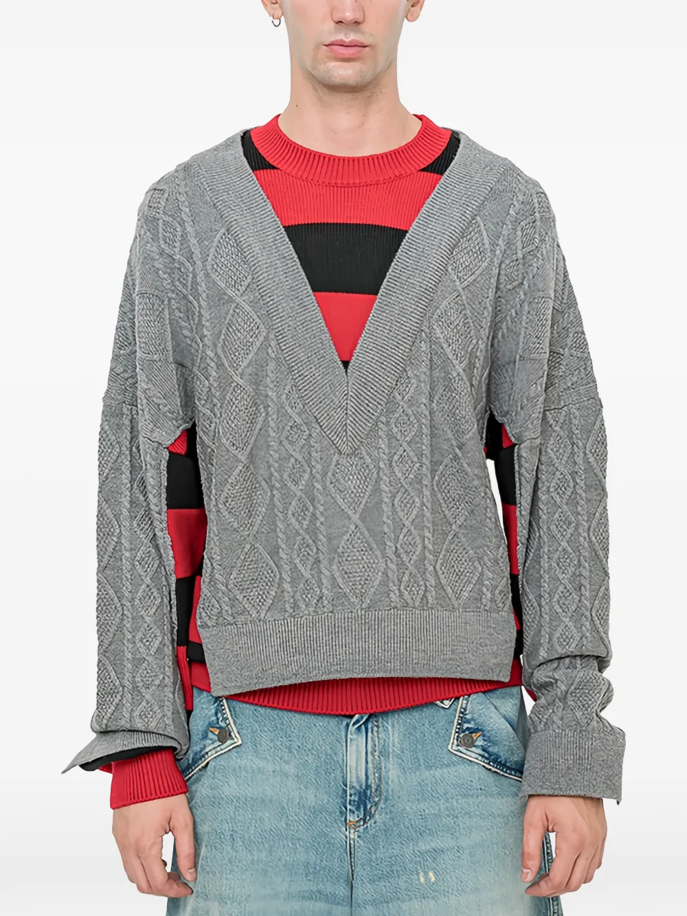 EGONlab. cable-knit V-neck sweater - Grey