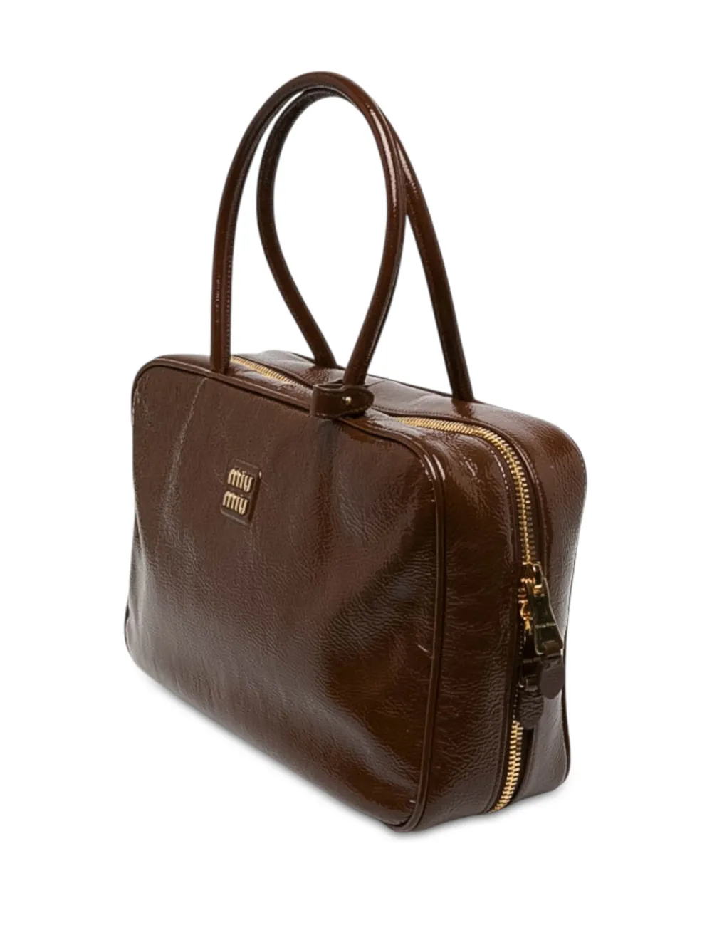 Miu Pre-Owned 2010-2026 grote Naplak Beau lakleren handtas met logo Bruin