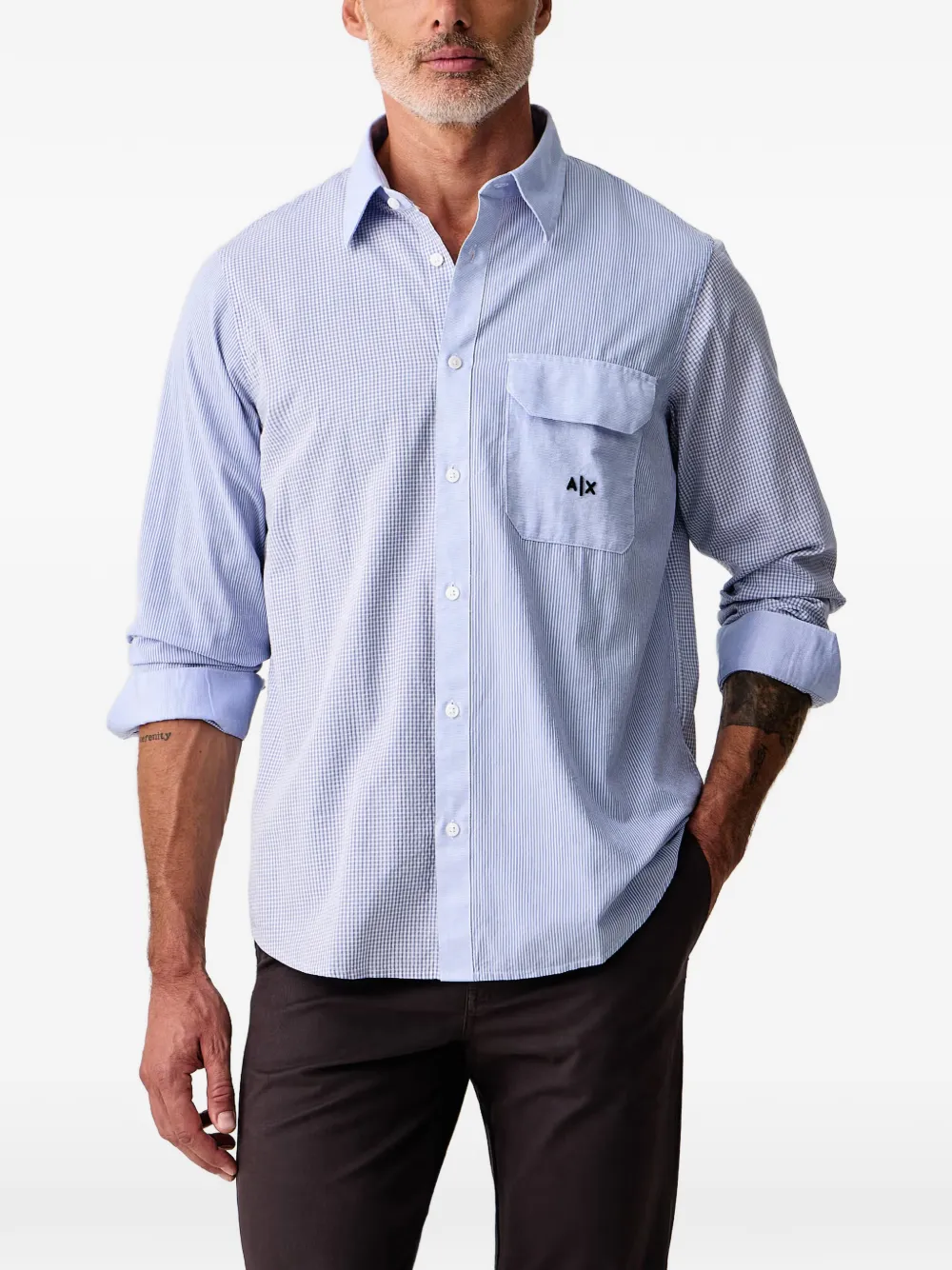 Armani Exchange Logo-embroidered Patchwork Shirt In Blue